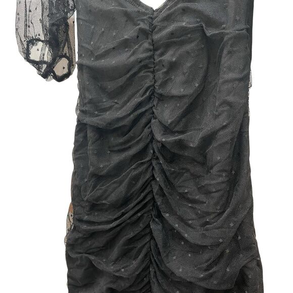 ASOS Design Size 4 Mini Dress Black Polka Dot Ruched Puff Sleeve Mesh V-Neck - Picture 4 of 8